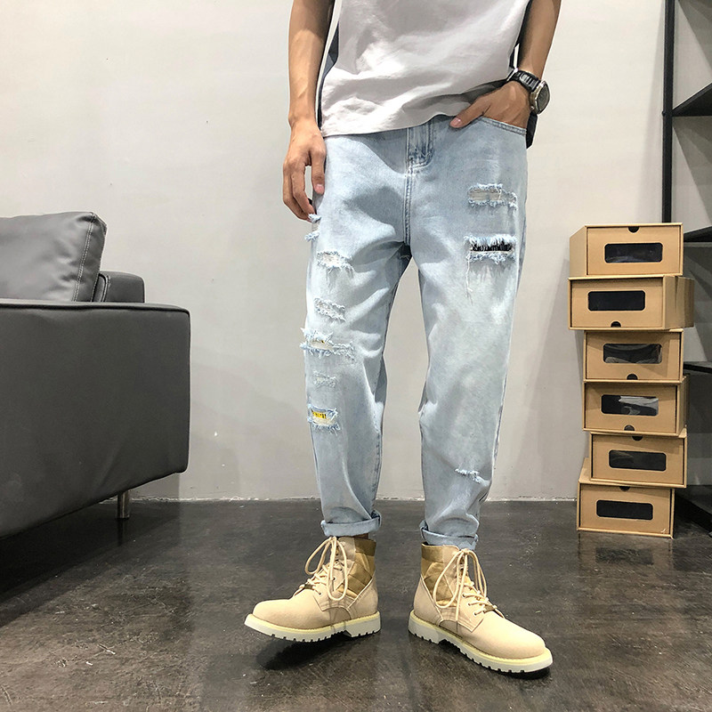 2022 Spring/Autumn new men's straight-leg loose trendy brand ripped patch 9-point light-colored casual Harem jeans details Picture